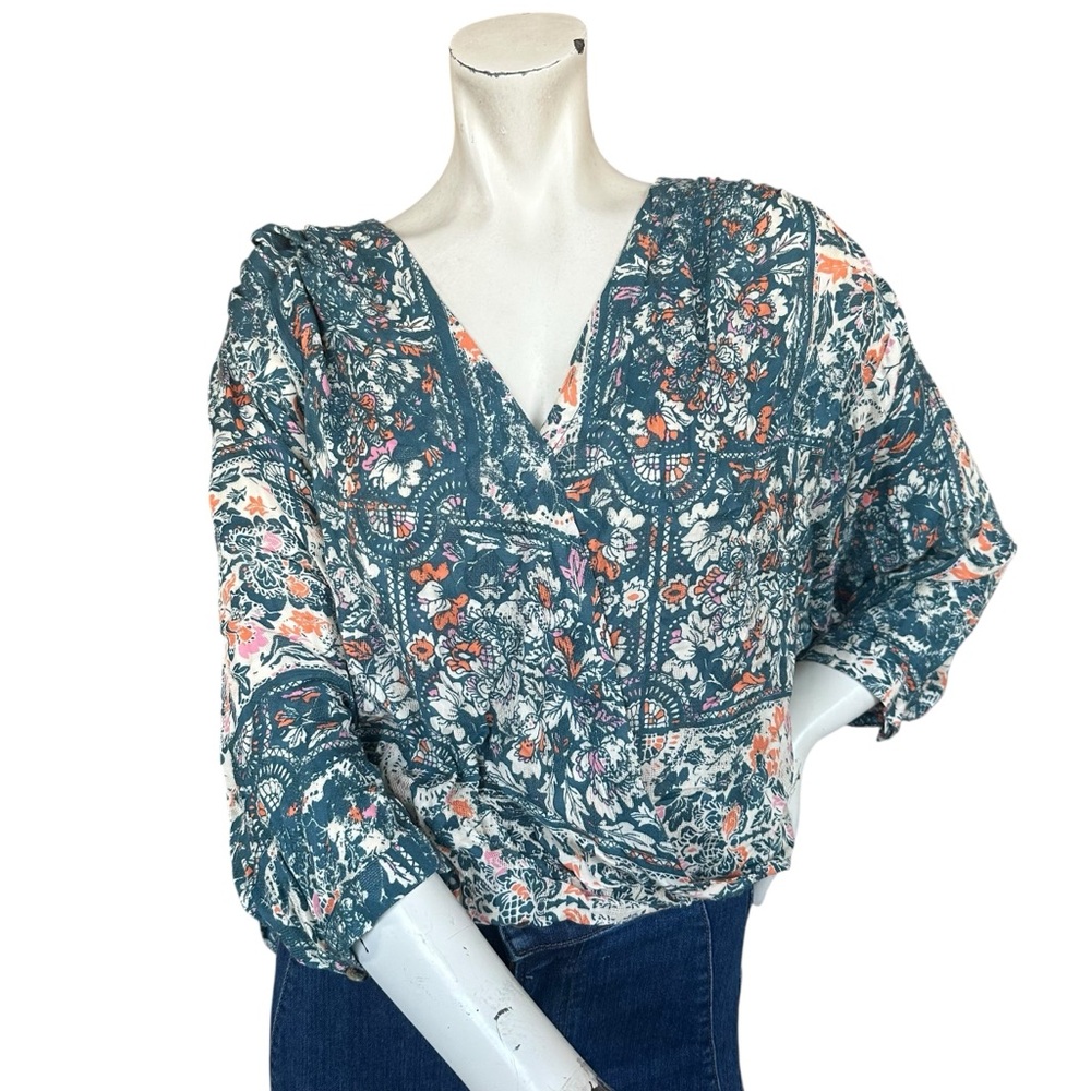Anthropologie Maeve Gianna Faux Wrap Flowy Teal White Orange Boho Blouse Small